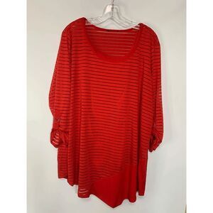 Women's Sheer Stripes Overlay Roll Tab Sleeves Scoop Neck Tunic Red Size 3X